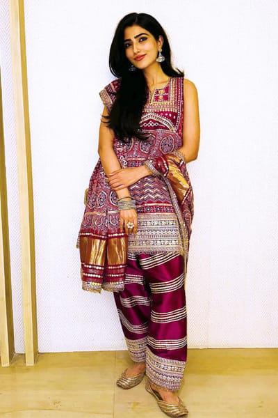 Pink ajrakh print embroidered choga set