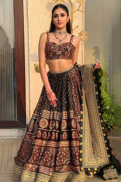 Black and emerald ajrakh printed lehenga set