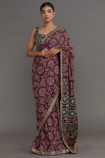 Nitya Bajaj Plum ajrakh printed sari set NITYJUL26D150538