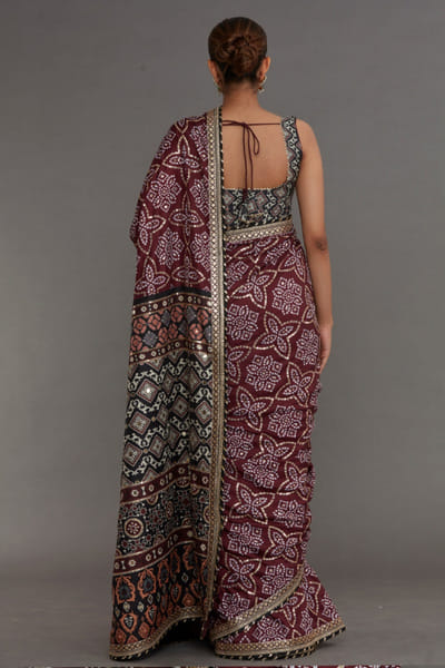 Nitya Bajaj Plum ajrakh printed sari set NITYJUL26D150538