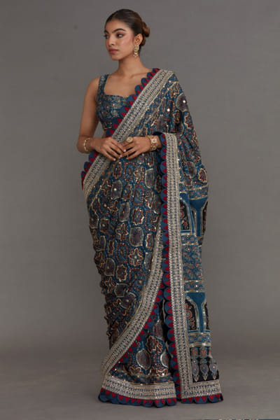 Nitya Bajaj Blue ajrakh printed sari set NITYJUL26D150539