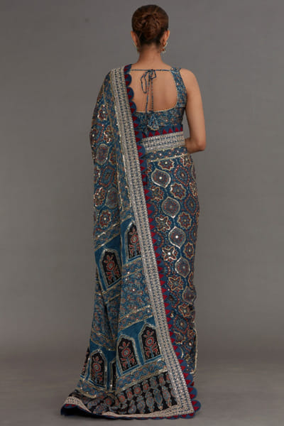 Nitya Bajaj Blue ajrakh printed sari set NITYJUL26D150539