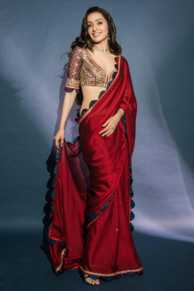 Crimson maroon ajrakh printed sari set