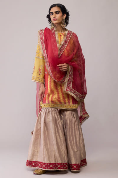 Red and yellow Mughal embroidered kurta set