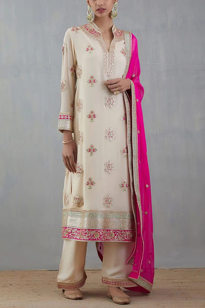 Ivory and pink embroidered kurta set