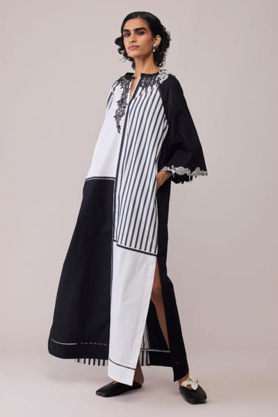 Black and white lace appliqué dress