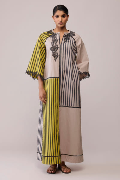 Mustard and beige colourblock dress