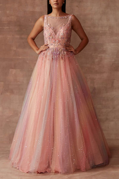 Peach embellished tulle gown
