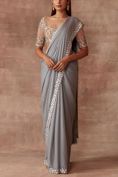 Silver grey satin sari set