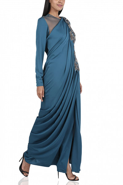 Embroidered draped gown