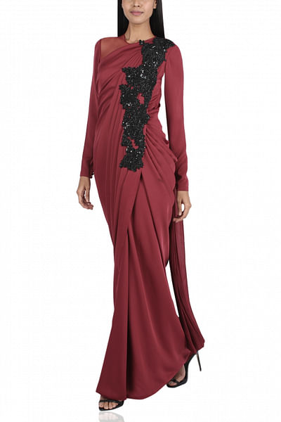 Embroidered draped gown