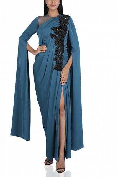 Draped gown with cape sleeves