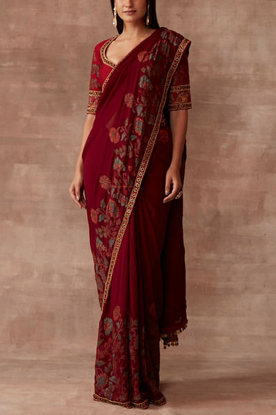 Burgundy embellished sari set