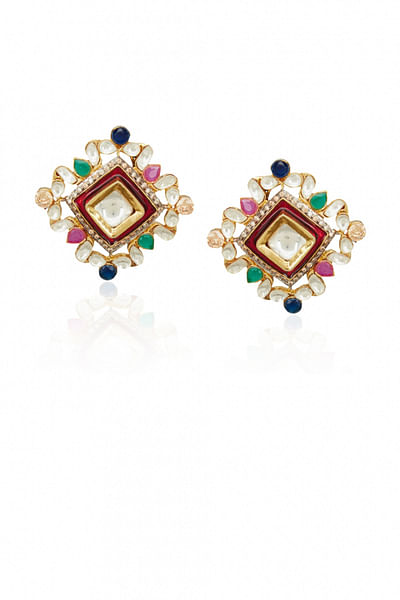 Gold, red and green earrings