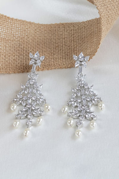 White finish diamond and pearl earrings