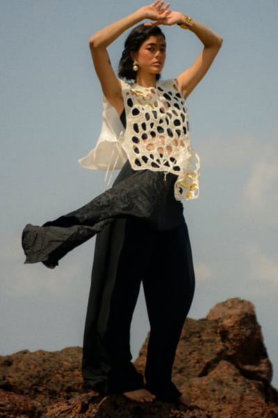 Ivory and black cutwork embroidered pant set