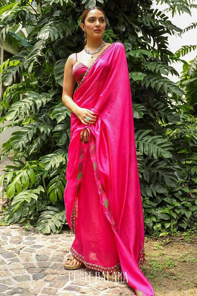 Fuschia pink embroidered sari set