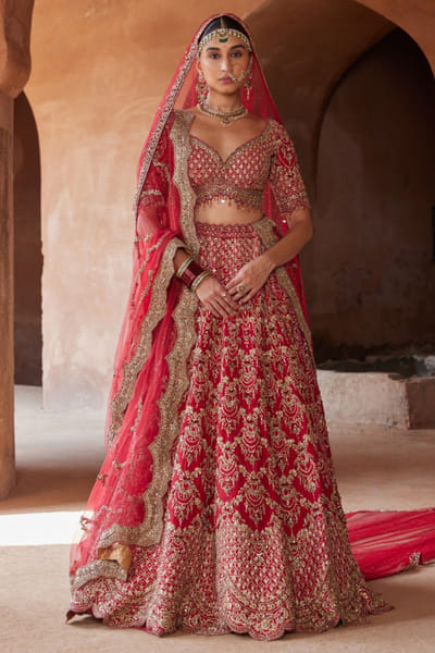 Blood red dabka embroidered lehenga set