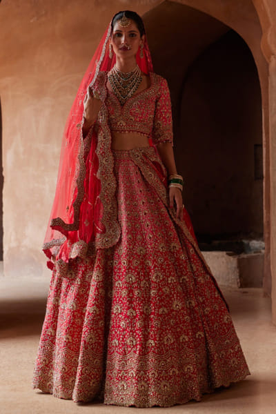 Red ombre embroidered lehenga set