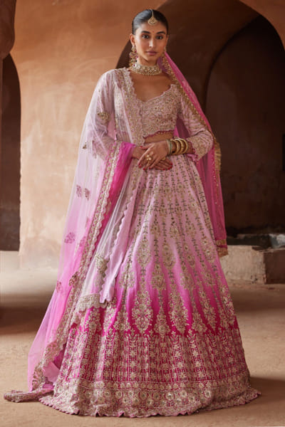 Fuchsia pink ombré embroidered lehenga set