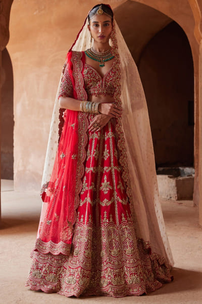 Scarlet red floral embroidered lehenga set