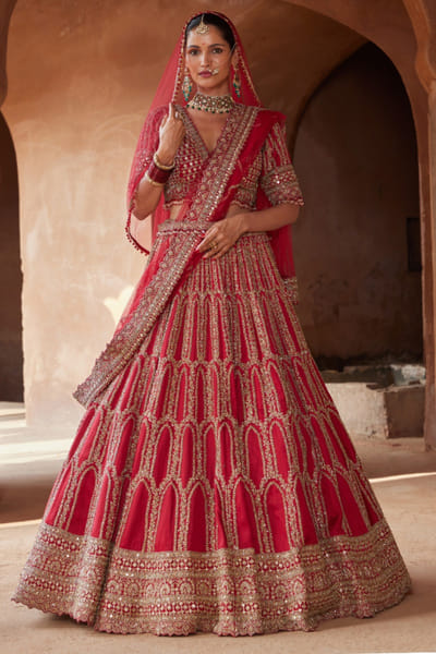 Blood red silk embroidered lehenga set