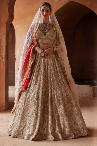 Champagne gold dabka embroidered lehenga set
