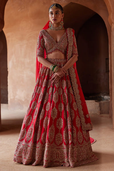 Scarlet red zardozi embroidered lehenga set