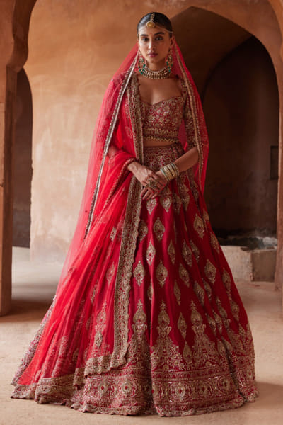 Cardinal red embroidered lehenga set