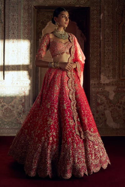 Red ombre kasab-dabka embroidered lehenga set