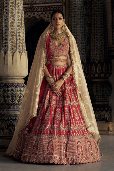 Blood red kasab-resham embroidered lehenga set
