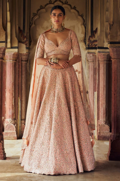 Peach embroidered taffeta silk lehenga set