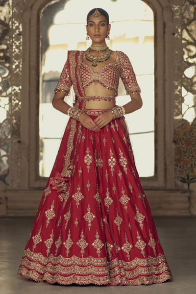 Deep red kasab-patra embroidered lehenga set