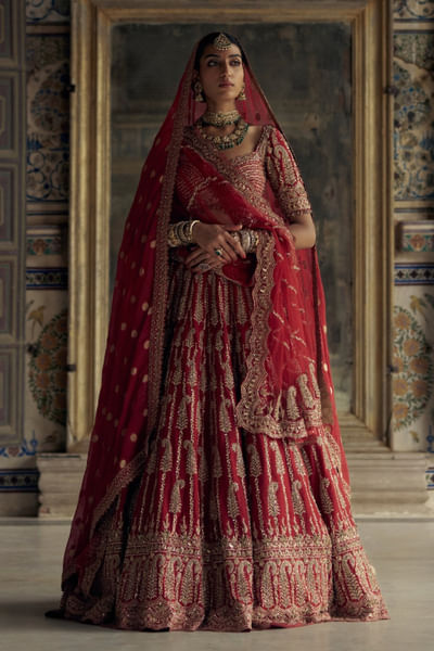 Deep red kasab-dabka embroidered lehenga set