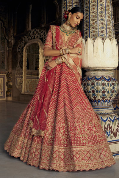 Red dori and dabka embroidered lehenga set