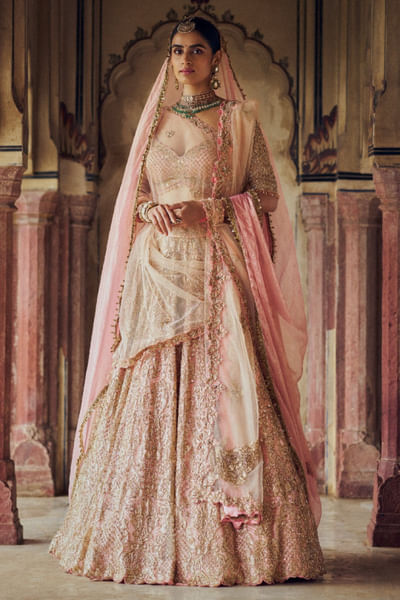 Peach applique embroidered lehenga set