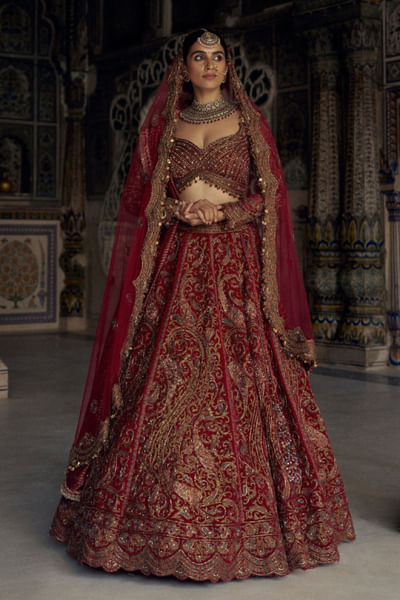 Red kasab and resham embroidered lehenga set