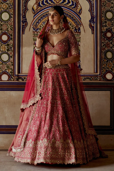 Red dabka and kasab embroidered lehenga set