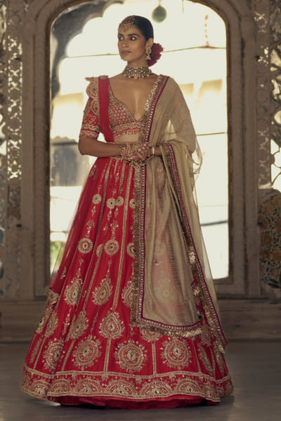 Red dori-dabka embroidered lehenga set