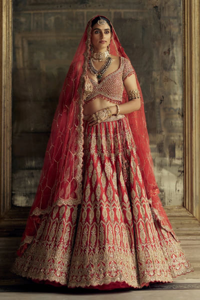 Red applique-dori embroidered lehenga set