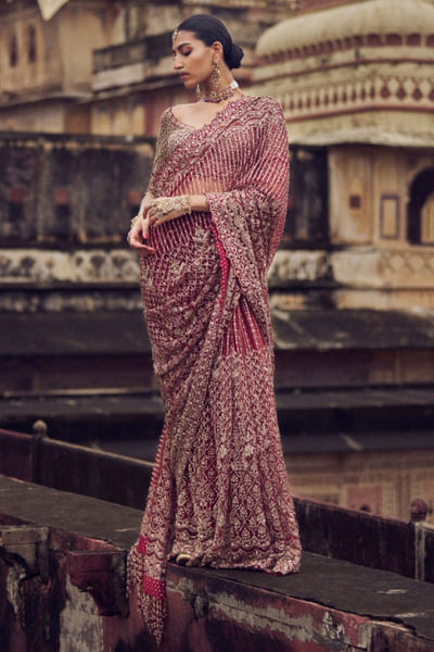 Maroon kasab and dabka embroidered sari set