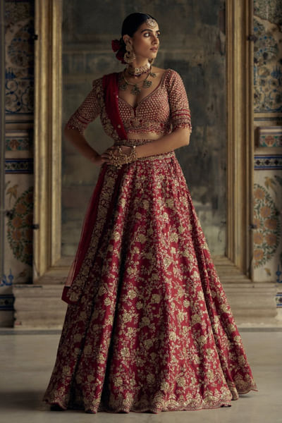 Deep red applique-kasab embroidery lehenga set