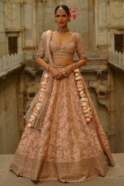Peach dabka-sequin embroidered lehenga set