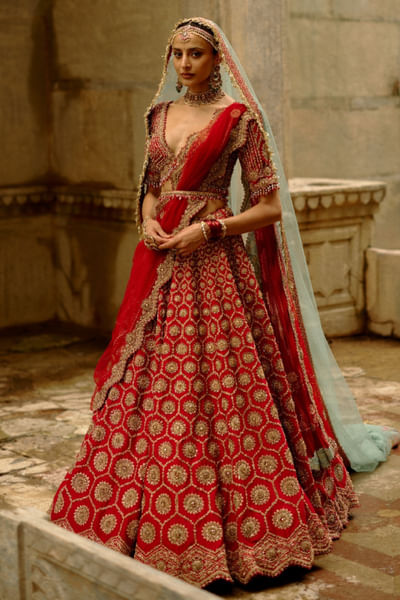 Red crystal-dabka embroidered lehenga set