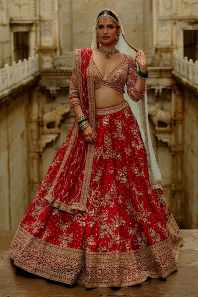 Red zari and dabka embroidered lehenga set