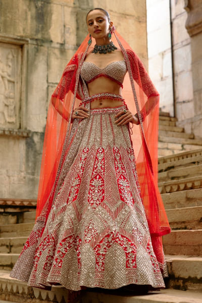 Red pearl-sequin hand embroidered lehenga set