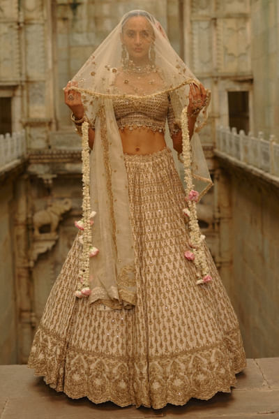 Cream mirror-zardozi embroidered lehenga set