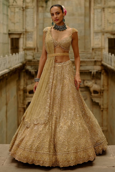 Gold crystal-cutdana embroidered lehenga set