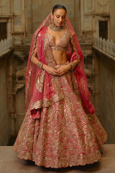Rust mirror and zari embellished lehenga set