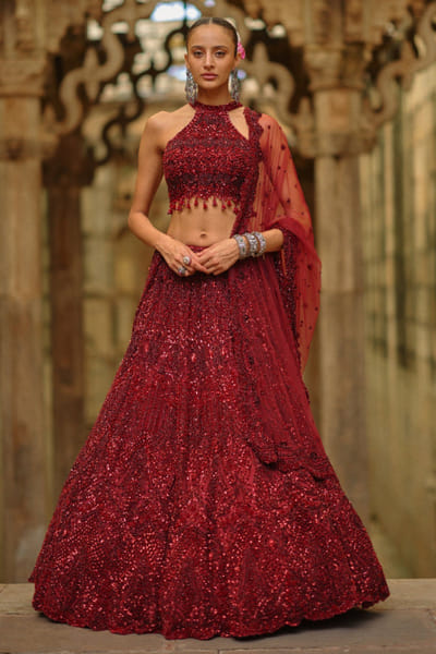 Burgundy bead-sequin embellished lehenga set